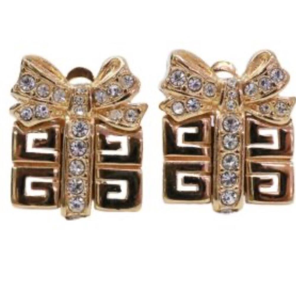 Vtg Givenchy G Logo Gift Box Earrings Rhinestone Bow Gold Tone Signed - Picture 3 of 12